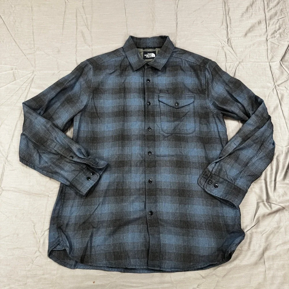 The North Face Mens Large Blue Black Plaid Flannel Button Down Shirt Long Sleeve